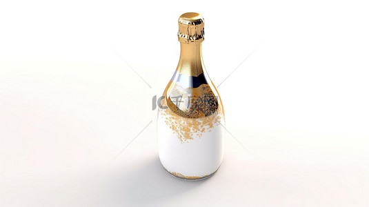 白葡萄酒瓶背景图片_3d 创建的白色背景上闪闪发光的金箔装饰香槟或闪闪发光的白葡萄酒瓶