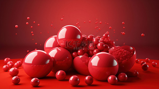 海报背景模板红色背景图片_带有 3d 口香糖气泡和弹跳球的充满活力的红色背景创意模板