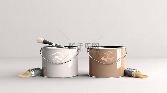 3D 渲染中的米色油漆样机罐，两个油漆罐一开的前视图