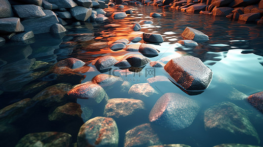 漂浮在溪流中的石头碎片的 3D 插图