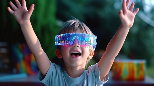戴着 3D 眼镜的快乐孩子兴奋地举起双臂