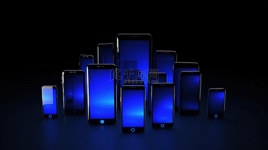 3D 渲染的黑色手机海中孤零零的蓝屏手机
