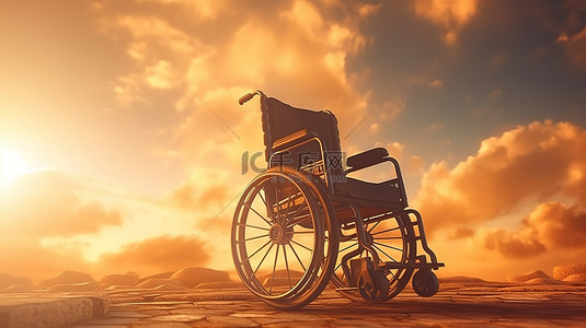 福建剪影背景图片_3D 渲染中带有空轮椅的抽象日落风景背景