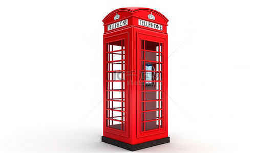 传统英国电话亭红色白色背景与手机 3D 渲染