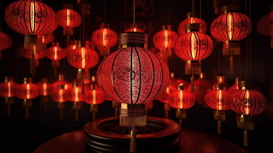中式背景设计背景图片_发光的中国新年灯笼 3D 渲染红色和金色设计与发光灯泡