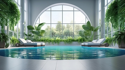 酒店内部休闲区和自然景观游泳池的 3D 渲染