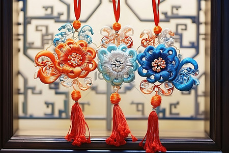 三朵蓝色的中国凤凰花和挂在玻璃上的细丝狮子