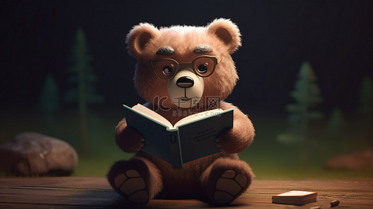 可爱的熊全神贯注于一本书 3d 渲染