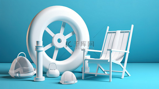 蓝色和白色海滩套装 3D 渲染躺椅伞救生圈和蓝色背景上的沙滩球