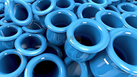 引流广告背景图片_孤立白色背景的 3D 插图，具有蓝色 PVC 管的顶视图