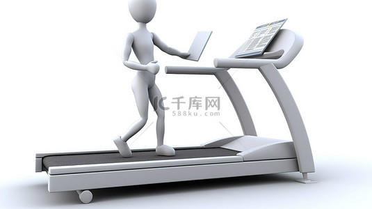 3d 图在跑步机上锻炼，背景白色背景 3d 渲染中有锻炼计划