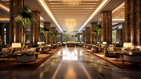豪华五星级酒店大堂内部的 3D 渲染