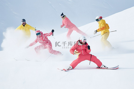 多人运动背景图片_一群人从积雪覆盖的斜坡上滑雪