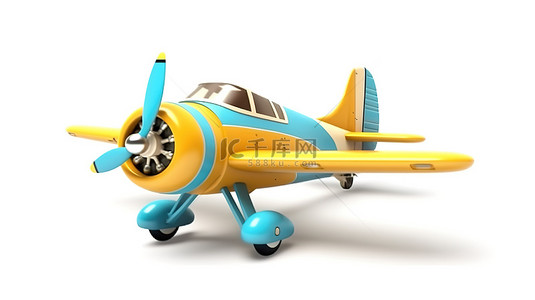 复古可爱的双飞机，黄色和蓝色，背景为 3D 创建的白色背景
