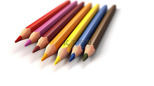 生动的彩色铅笔单独站立在 3D 渲染的白色背景上