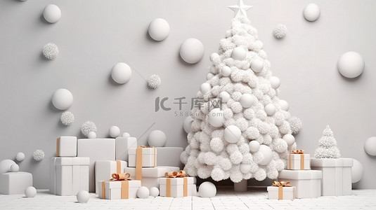 3D 渲染背景，配有白色圣诞树和礼品盒