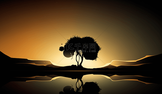简单树叶背景图片_田野树水流自然风景卡通背景简单装饰插图