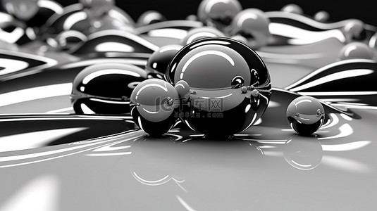 现代玻璃流背景单色 3D 渲染抽象液体形式和球体