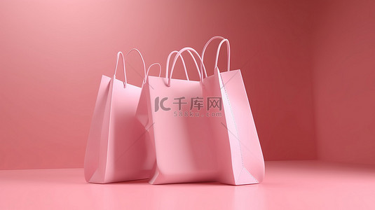 带 3d 购物袋的粉红色背景和代表在线购物概念的文本的空白空间
