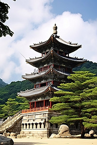湖湘红色文化背景图片_一座位于大山旁边的韩国宝塔