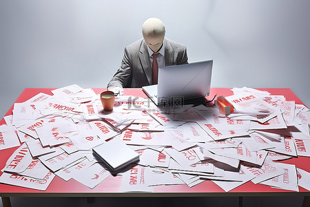 一个男人的桌子，脸上挂着mrk，桌子上放着一堆文件