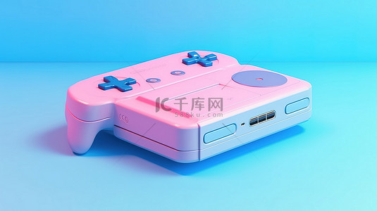 老式游戏机背景图片_粉红色背景上蓝色 3D 渲染的老式便携式游戏机
