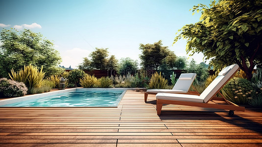 泳池甲板和躺椅的当代后院绿洲 3D 渲染