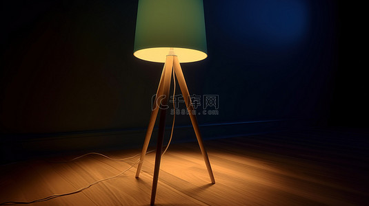 黑卧室背景图片_带有木制三脚架腿的小型落地灯的夜间照明 3D 渲染