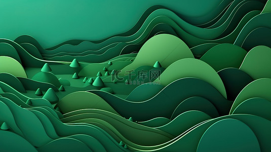 绿色悬崖令人着迷的抽象 3D 插图与剪纸效果