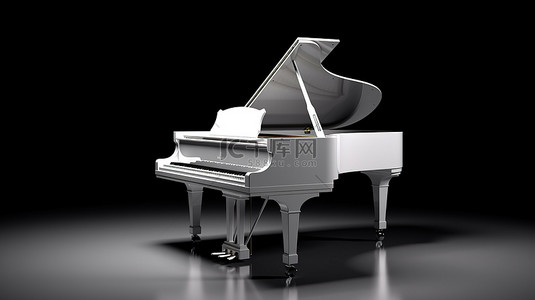 黑色背景下体积光照亮的白色钢琴的 3D 渲染