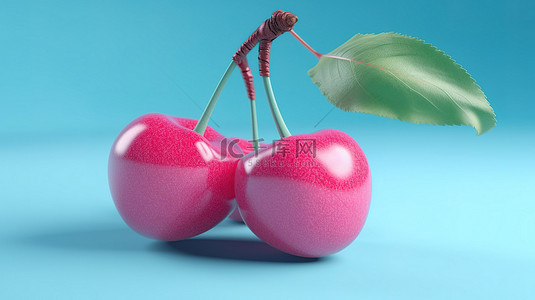 多汁的粉红色樱桃，叶子呈双色调风格，在蓝色背景下以 3D 渲染