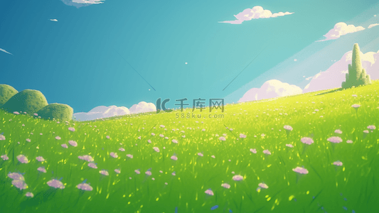草地花卉蓝天白云春季卡通广告背景