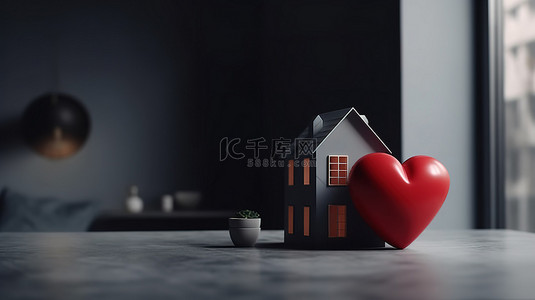 隔离中的安全之家 3D 在灰色房屋形状内渲染红心对象