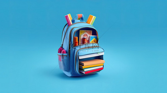 学术书籍背景图片_蓝色背景下的 3D 学校用品和书籍强调教育理念