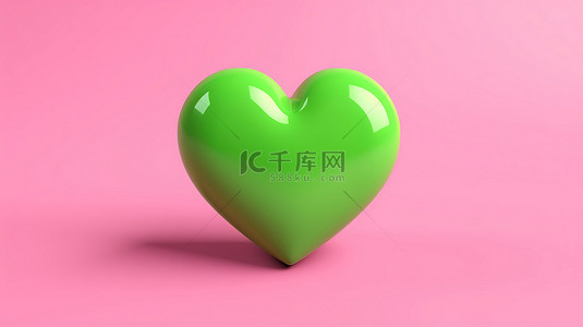 粉红色的爱心背景图片_简单的 3D 插图，展示了一颗充满活力的绿色心脏，作为爱情的象征，在粉红色的背景上脱颖而出
