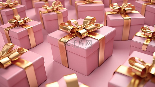 玫瑰色礼品盒的等距 3D 渲染，饰有金色丝带蝴蝶结
