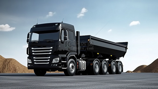 宽敞的黑色卡车和可拆卸拖车的 3D 渲染，设计用于运输农业和建筑散装材料和货物