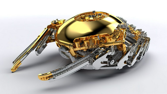 标志机械背景图片_白色背景下持有金色比特币数字硬币的铬合金机械爪的 3D 渲染