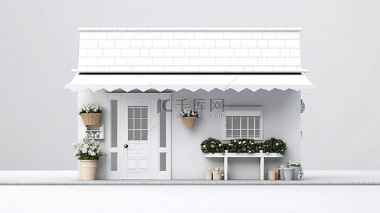 房子平面3d背景图片_从前面看一家白色乡村商店的 3D 插图