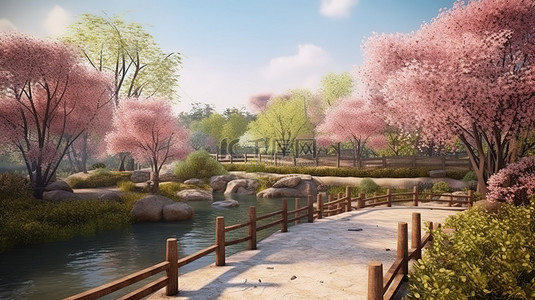 荷花荷叶绿色背景图片_日本花园中宁静的春日的令人惊叹的 3D 渲染
