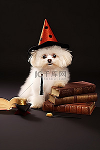 一只戴着魔法帽的小狗，拿着一本书和一个