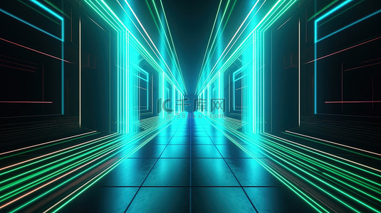 无限翱翔穿过走廊与激光霓虹灯曲线当代紫外线照明和蓝绿色光谱 3D 渲染