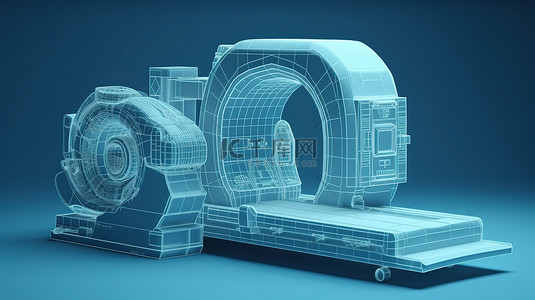 带比例尺的 3D 渲染中 MRI 扫描仪蓝色背景蓝图