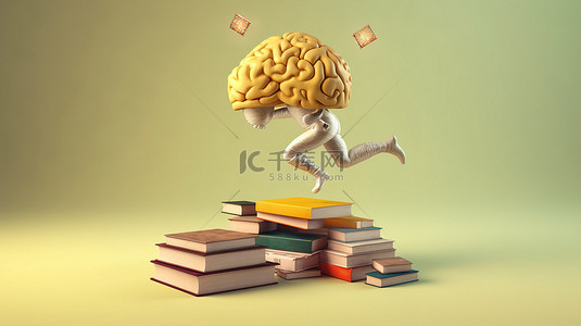 聪明的角色在 3D 渲染中跳过成堆的书