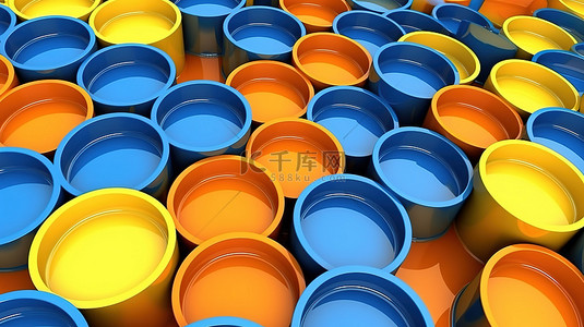 蓝色橙色和黄色旋转圆柱体的抽象 3D 渲染