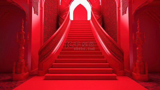 红地毯和楼梯令人惊叹的 3D 渲染