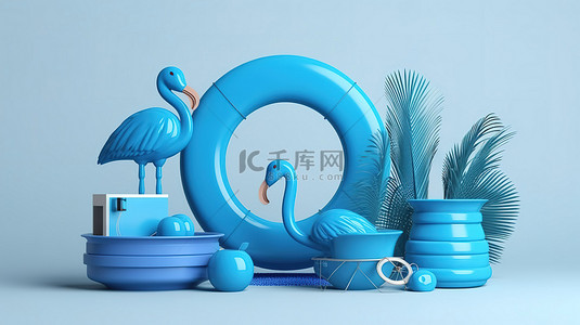 产品展示概念蓝色讲台与夏季沙滩伞游泳环沙滩球和充气蓝色火烈鸟 3d 渲染