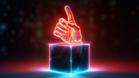 手掌的手势背景图片_抽象霓虹灯盒中的摇滚手势代表音乐 3D 渲染的力量
