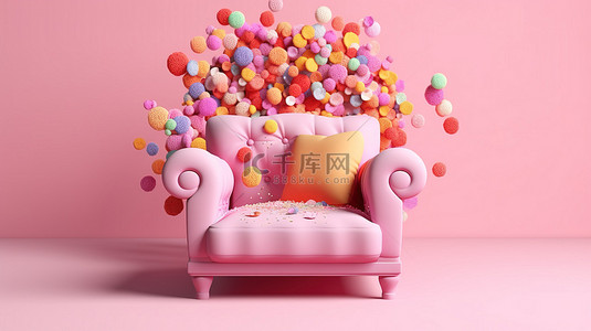 3D 渲染一个可爱的粉红色扶手椅，在柔和的粉红色背景上装饰着五颜六色的花朵