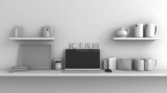 灰色墙架横幅 3D 插图，配有设备笔记本电脑平板电脑和手机